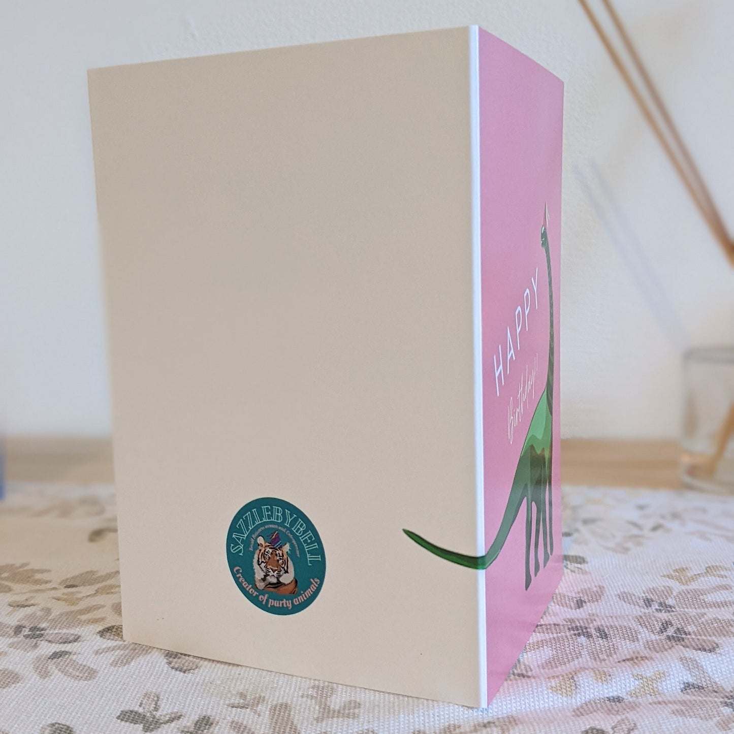 Dinosaur / Brontosaurus birthday card / pink/ A5.