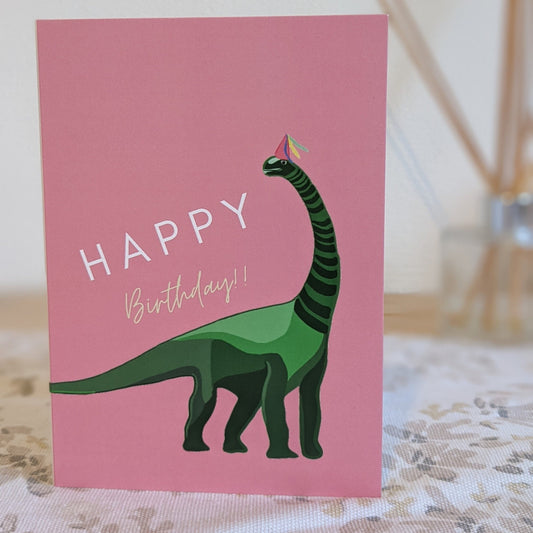 Dinosaur / Brontosaurus birthday card / pink/ A5.