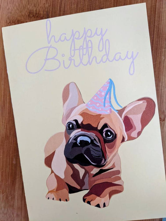 French Bulldog/ yellow/ blue/ birthday card / A4.